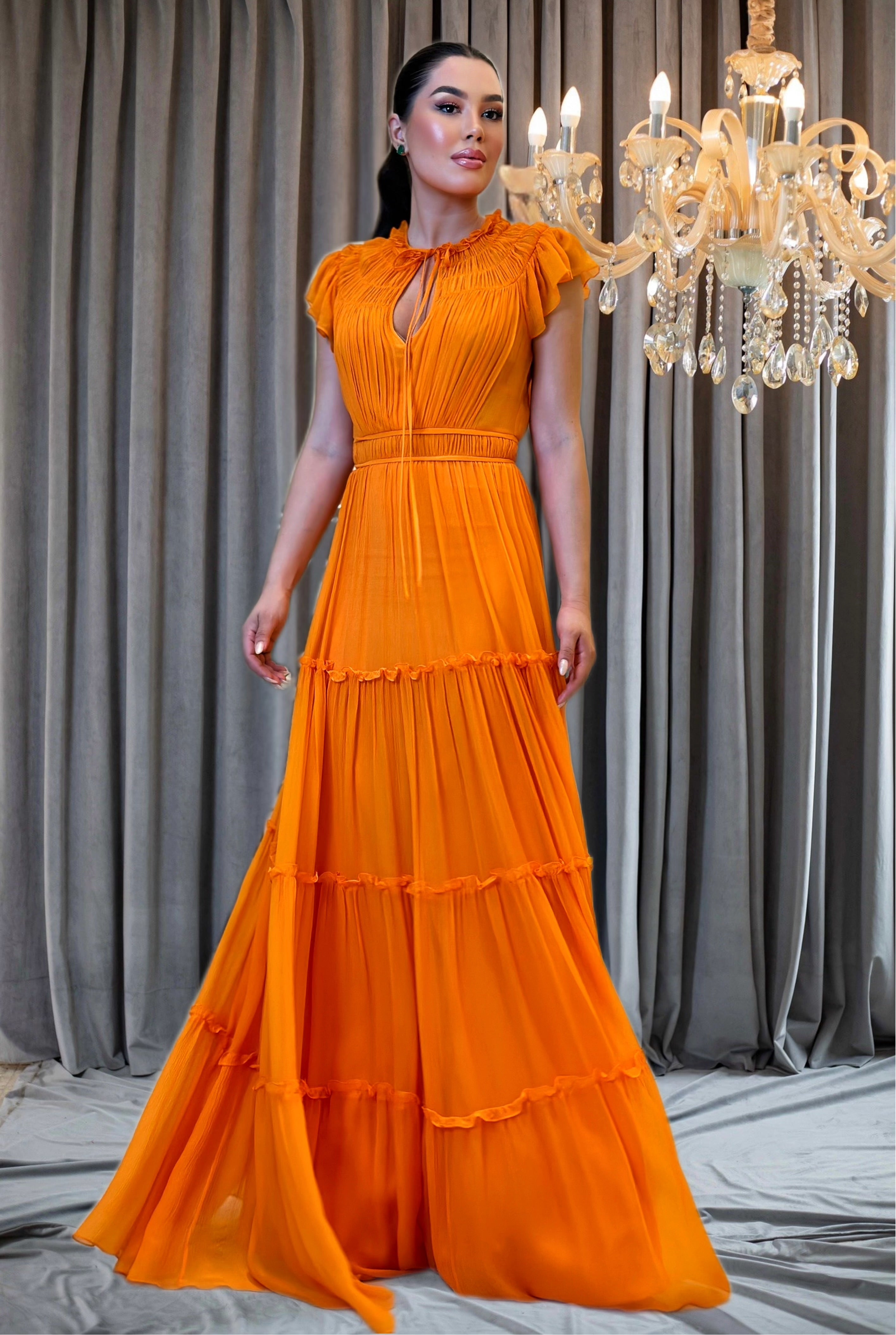 Vestido Longo Laranja em Chiffon de Seda Pura