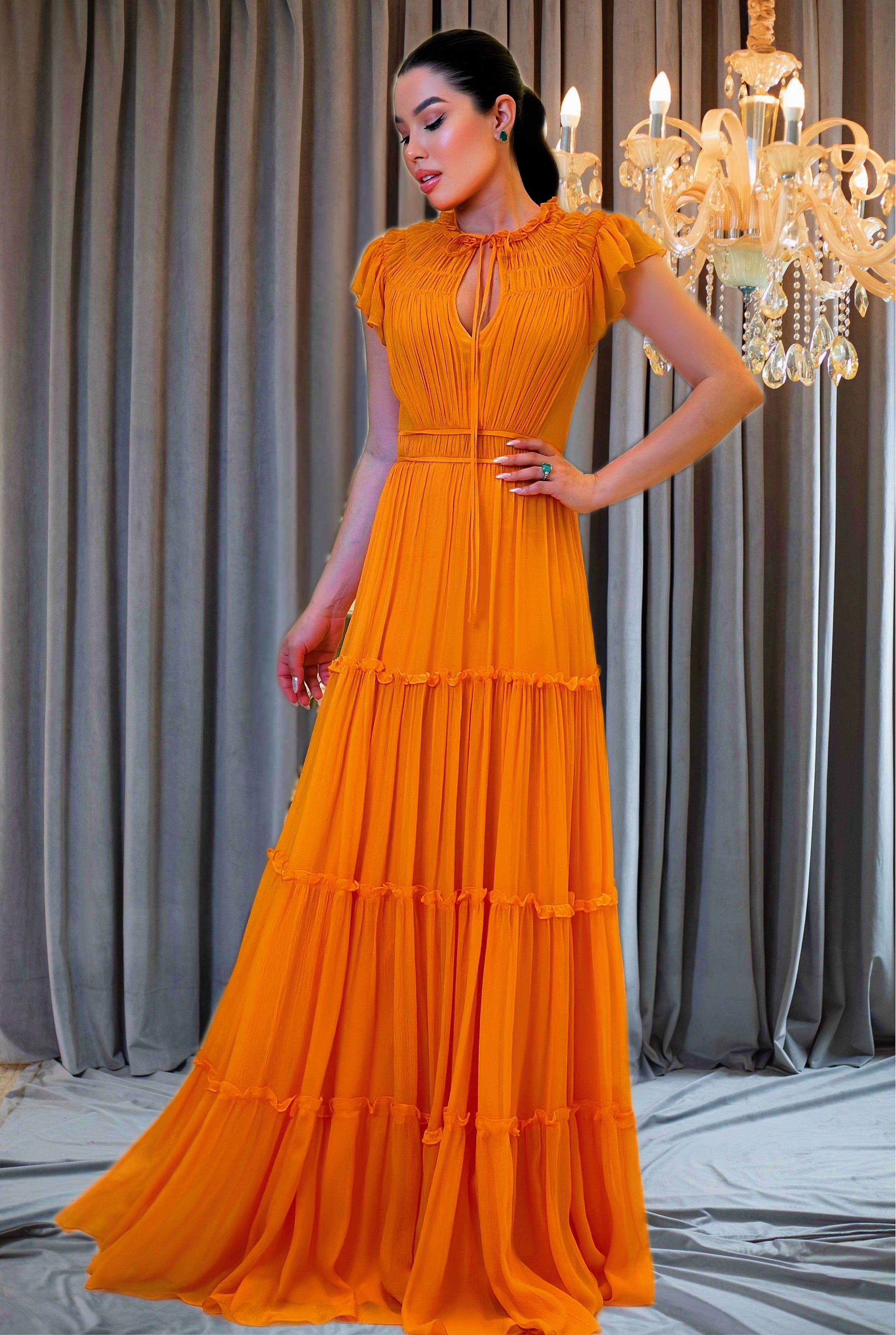 Vestido Longo Laranja em Chiffon de Seda Pura