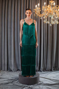 Vestido Longo com Franjas em Toque de Seda Verde