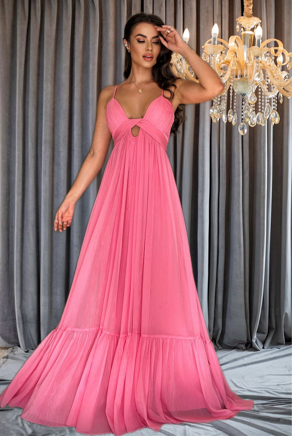 Vestido Longo em Chiffon com Toque de Seda Rosa