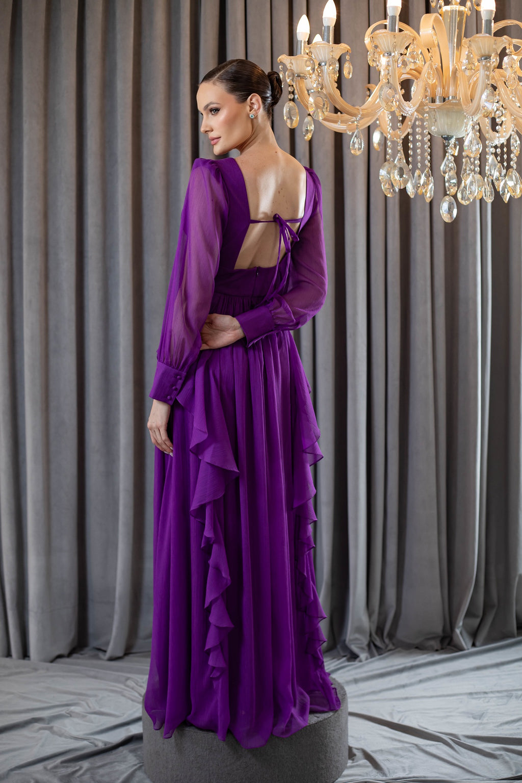 Vestido de Festa Longo Roxo em Chiffon com Mangas Longas